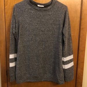 Marled grey sweatshirt with white stripes on arms